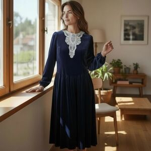 VTG Long Formal Dress Velvet Lace Bib Collar Navy Blue Sz XL Midi Longsleeve 80s